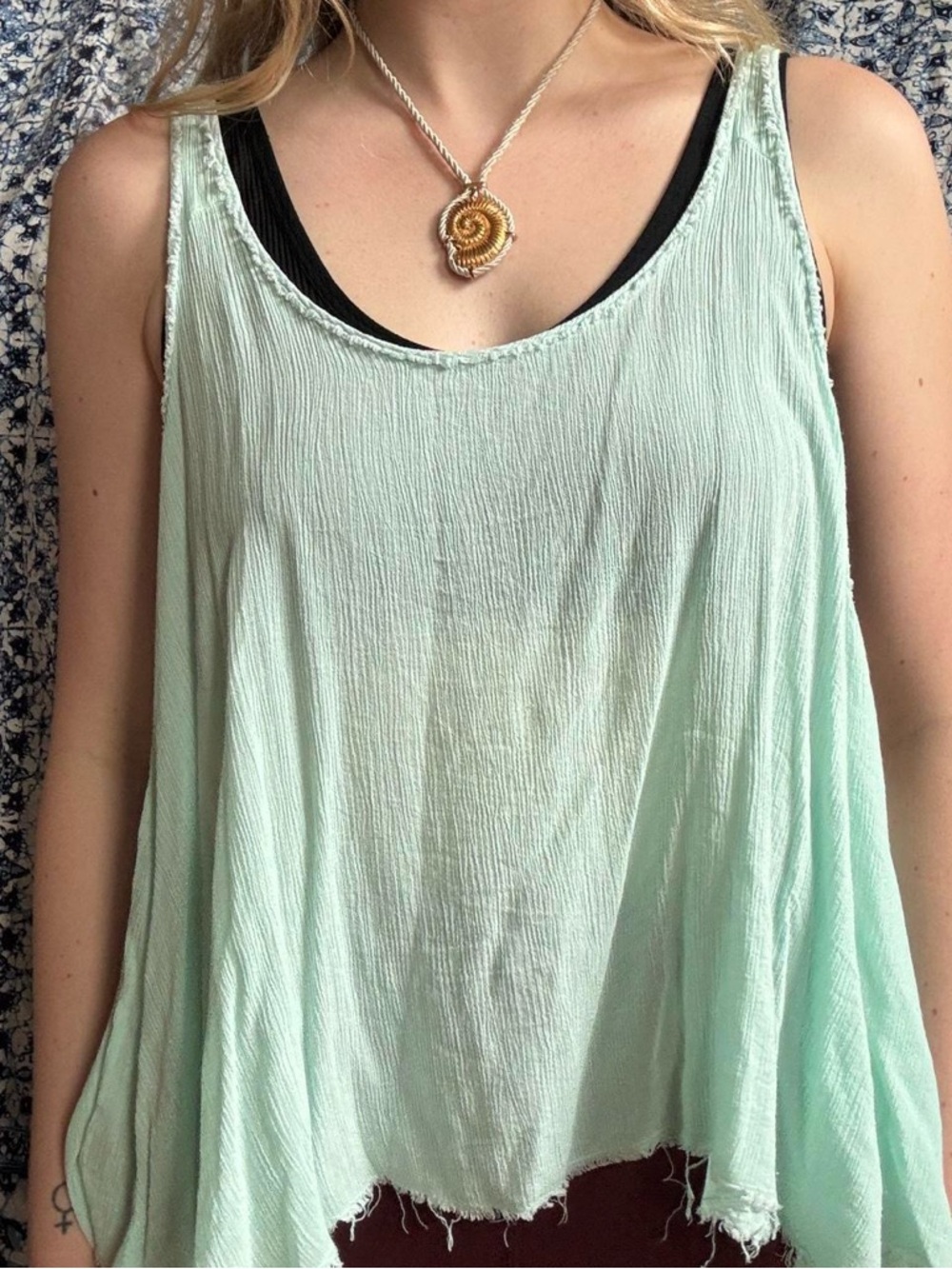 Free People Intimately mint turquoise flowy baggy tank top with distressed edge